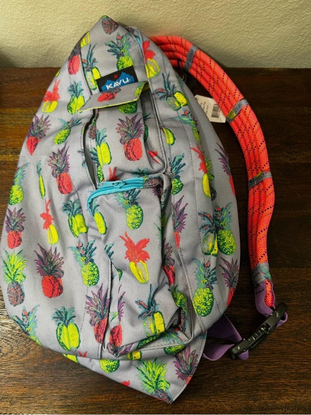 Kavu Gray Pineapple Print Sling Bag with Neon Accents
